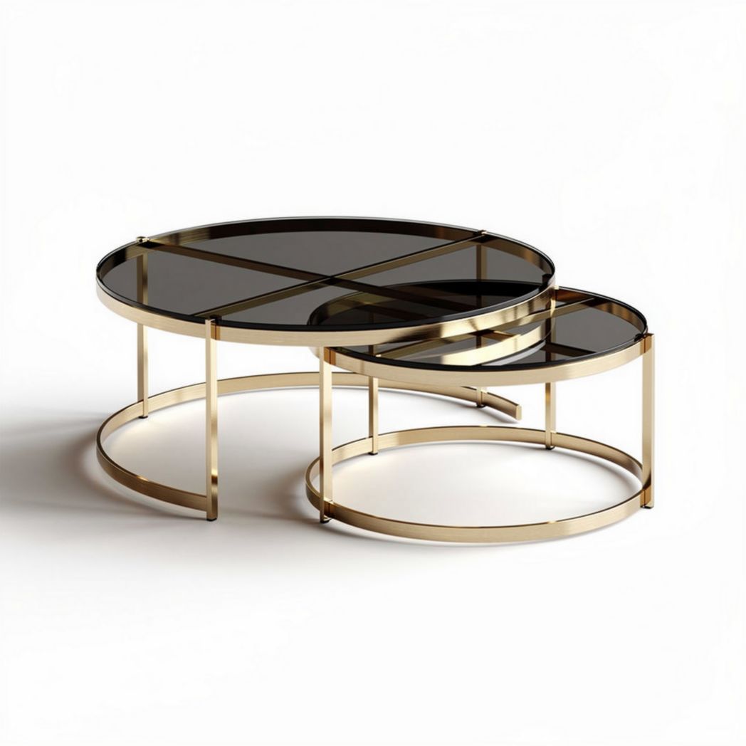 Modern round coffee table set with black glass tops and gold metal frames