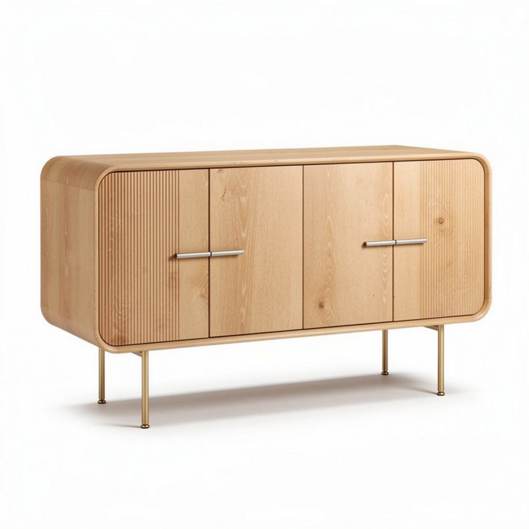 Natural wood sideboard with ribbed design and metal legs 120 x 40 x 75cm