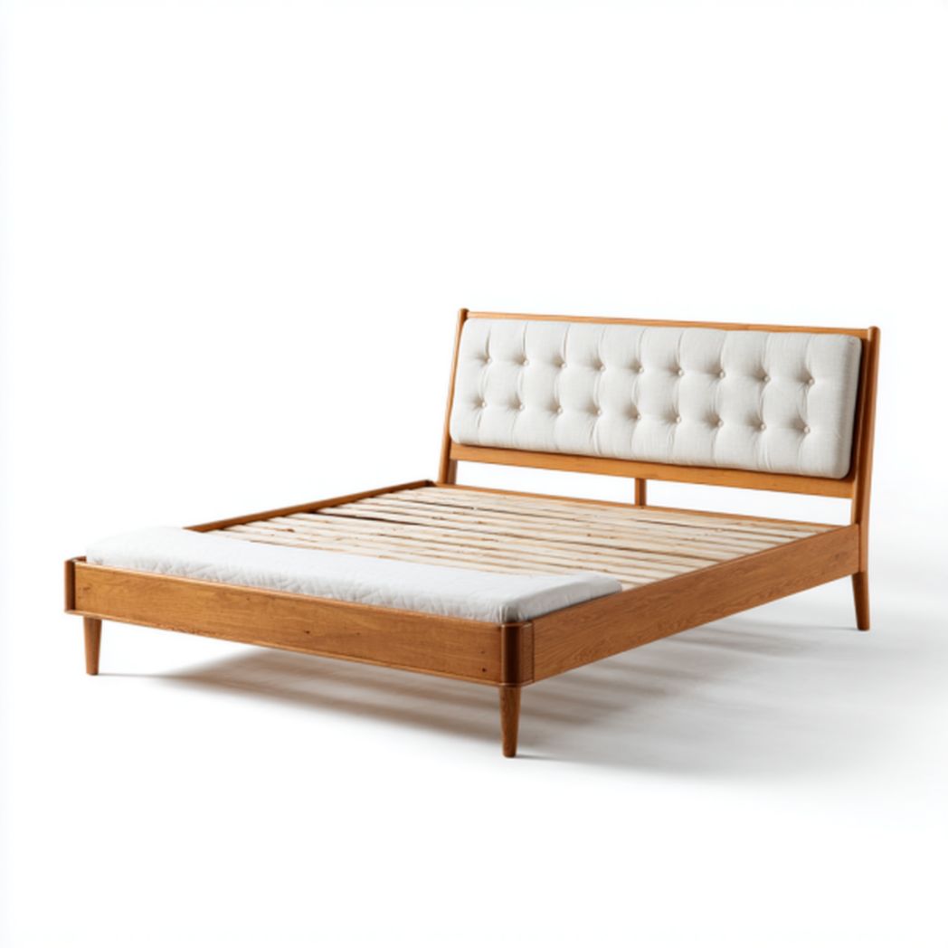 Wooden bed frame with upholstered headboard and slatted base 200 x 160 x 100cm