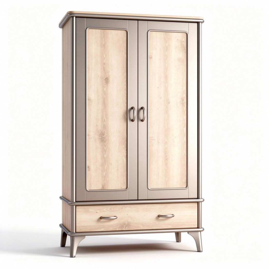 Wooden wardrobe with two doors and one drawer in light oak finish 180 x 100 x 50cm