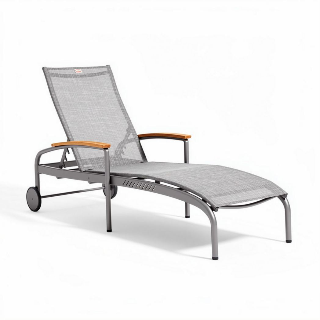 Gray outdoor lounge chair with wooden armrests and adjustable backrest