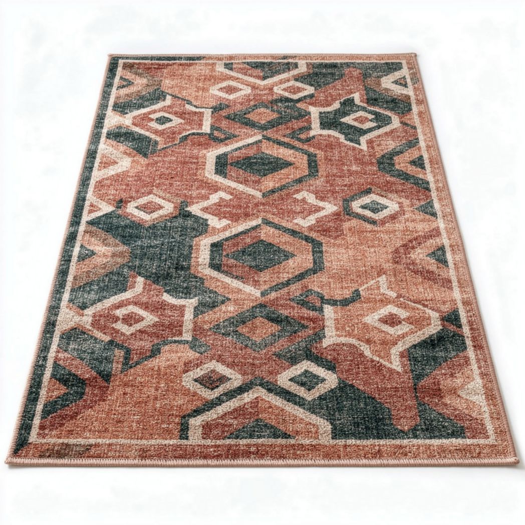 Area rug with geometric pattern in shades of terracotta and teal 200 x 300 x 1cm