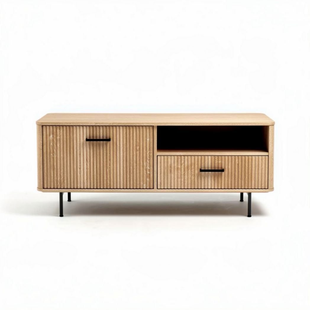 Natural wood media console with textured doors and adjustable shelves 120 x 40 x 50cm
